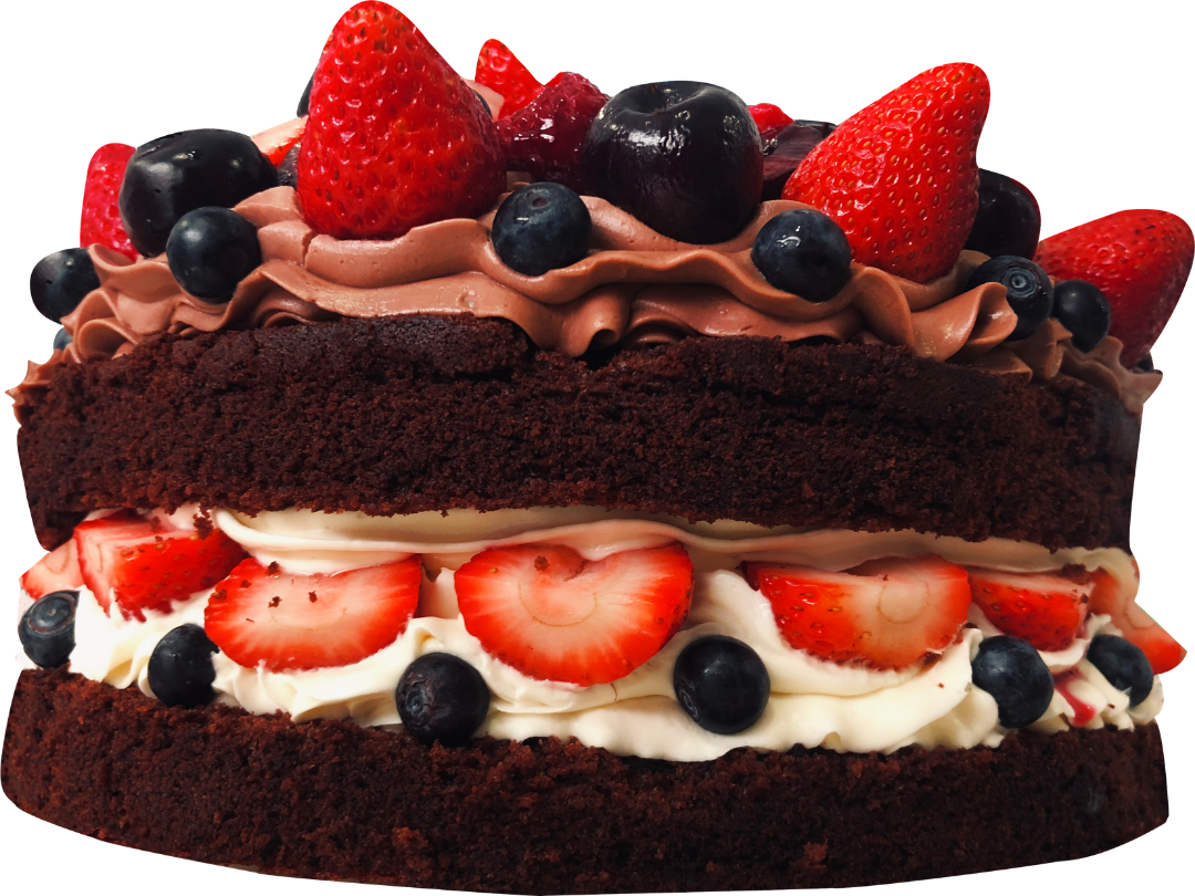 Tort cu ciocolată, cremă, căpșuni și afine
